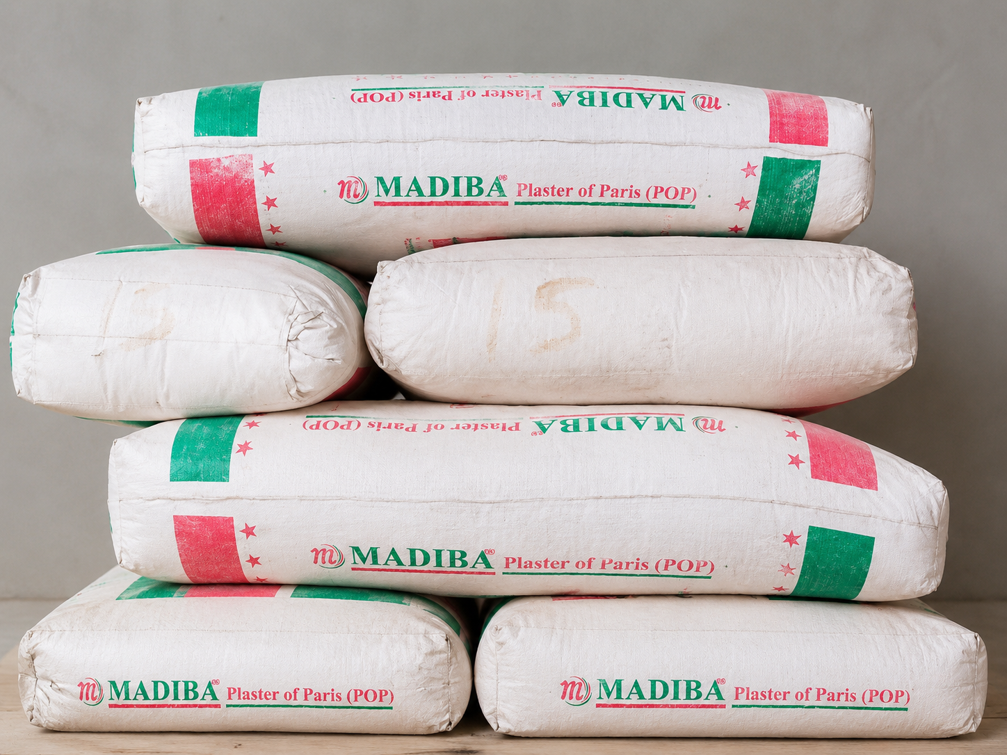 Stacked Madiba POP cement bags